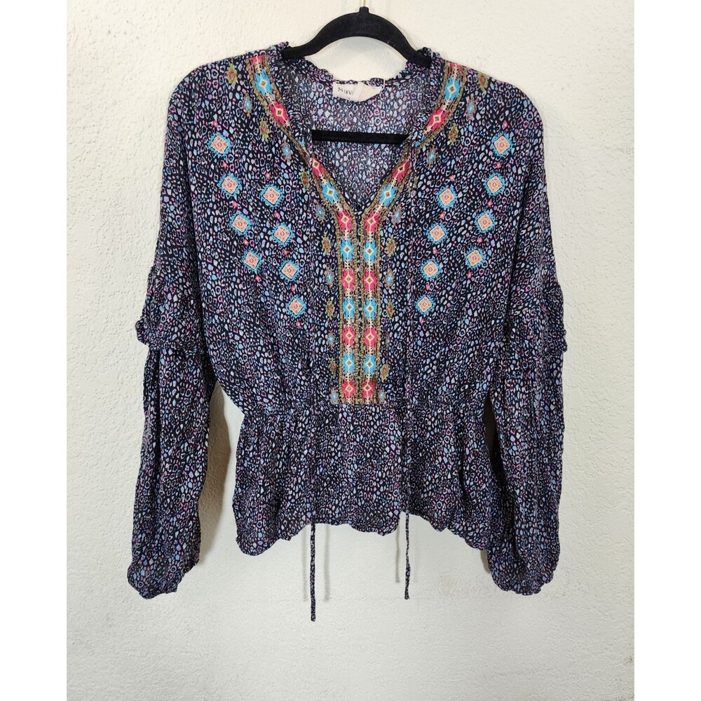Savanna Jane Womens Top L Rayon Peasant Blouse Embroidered Boho Peplum Black